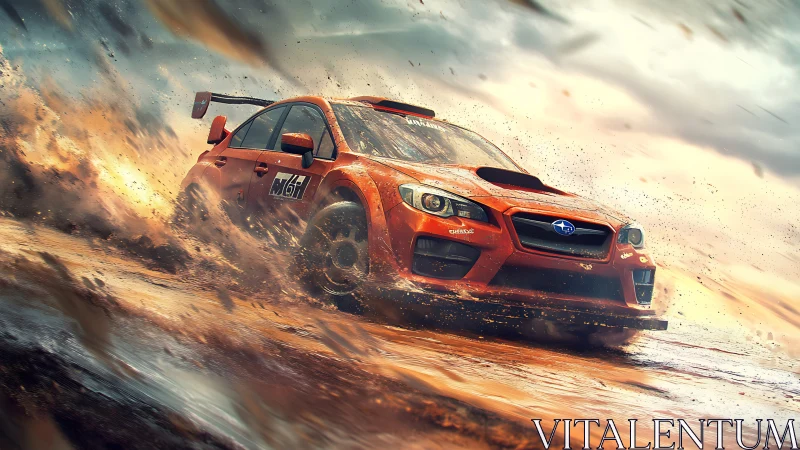 Rally car powerslides through mud in dynamic motion study