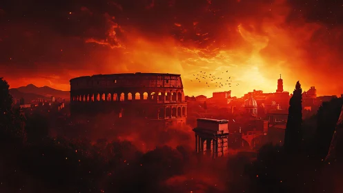 Colosseum aglow in apocalyptic ember dusk above Rome.
