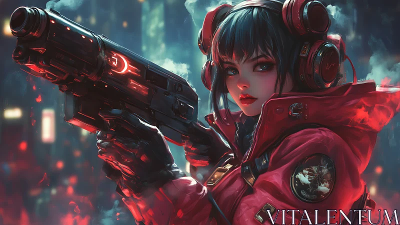Cybernetic-equipped woman holds large firearm in neon haze