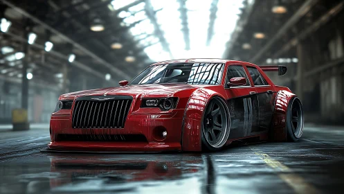 Aggressively stanced red muscle sedan dominates warehouse floor.