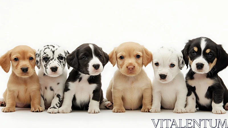 Six tiny puppy comrades pose in spotless studio calm.