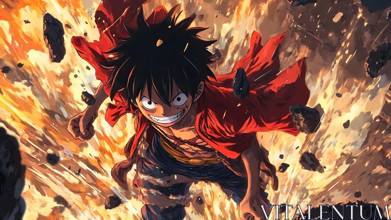 Anime character in red coat amid fiery debris field.