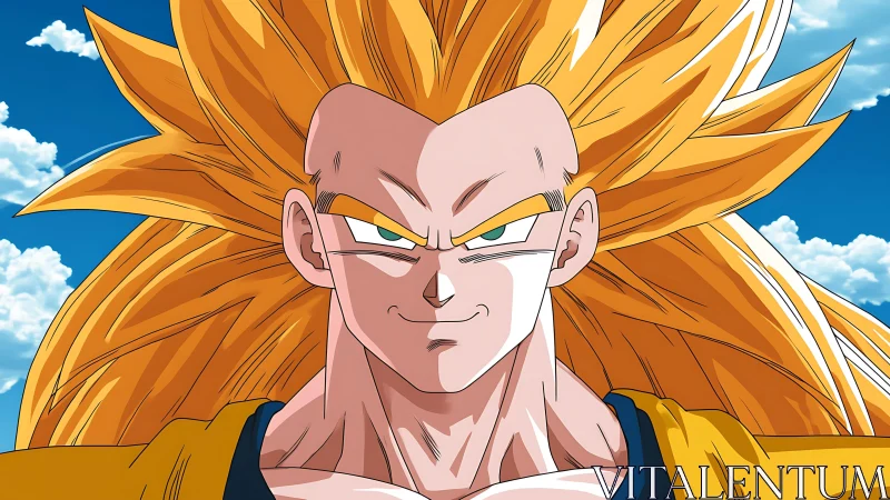 Golden-haired anime warrior smiles under a bright blue sky