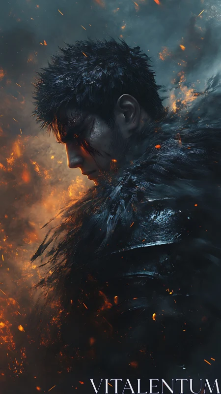 Battle-scarred warrior crowned in cinders and stormfire glow.