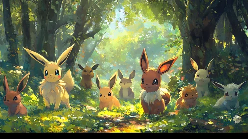 Multiple foxlike creatures explore sunlit forest clearing