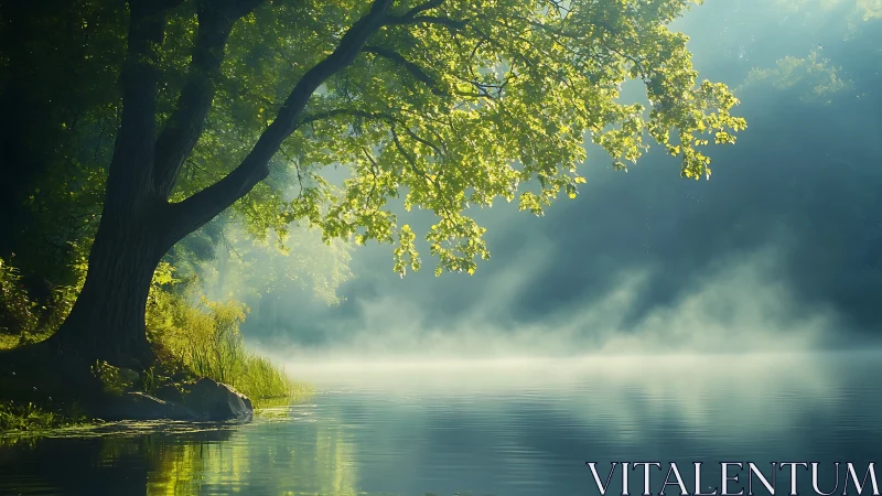 Backlit riverside tree with morning mist over calm water