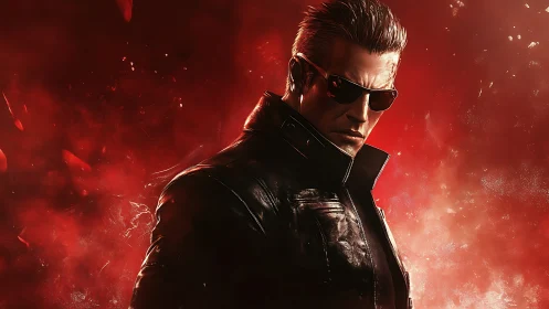 Stoic man in leather jacket against intense red backdrop.