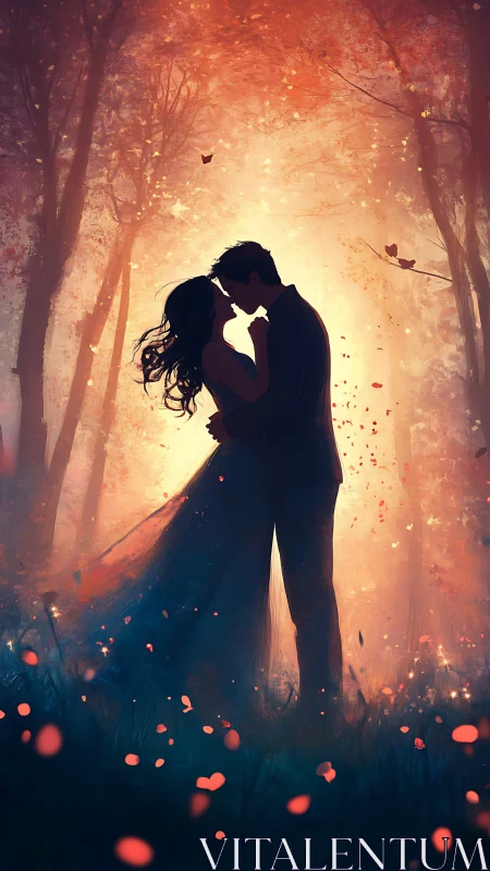 Silhouetted couple kissing in woodland setting with glowing atmospheric lighting