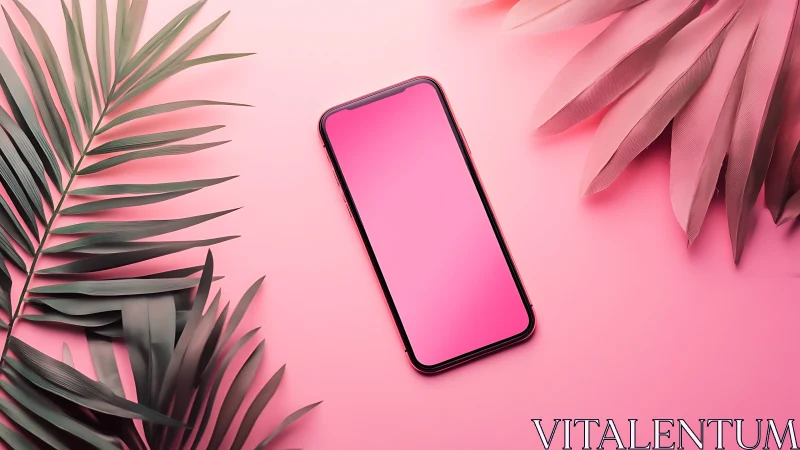 Smartphone Display Mockup with Tropical Foliage and Gradient Pink Environment
