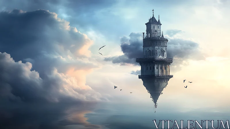 Floating sky tower drifts above calm reflective waters at dawn