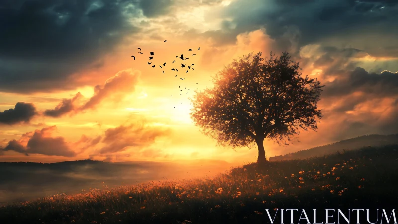 Lone hilltop tree sipping molten sunset over quiet meadows.