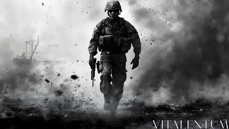 Lone soldier strides through battlefield smoke and debris