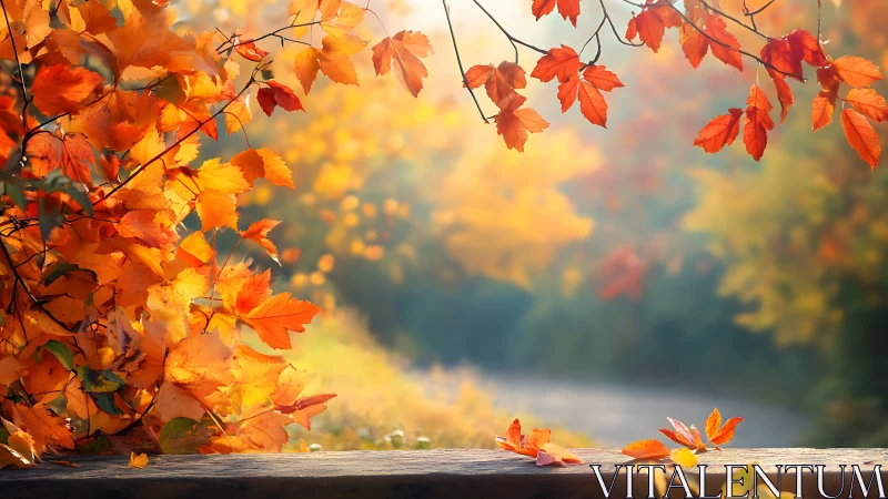 Golden autumn leaves over soft-focus forest path scene.