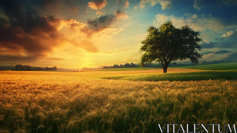 Golden wheat field glows under vivid sunset sky