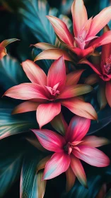 Vibrant pink tropical flowers with layered petals and motion blur foliage