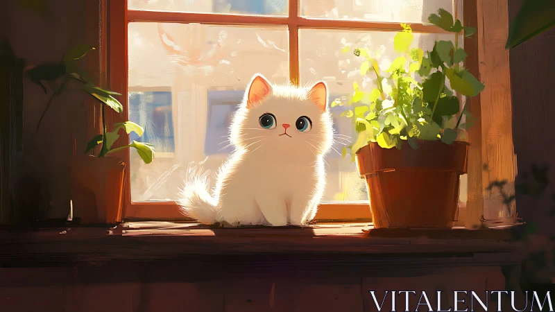 Fluffy White Kitten's Sunlit Window Moment.