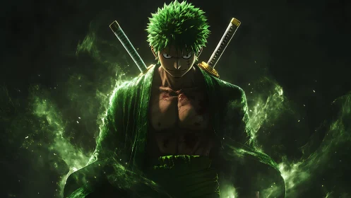 Green‑haired sword phantom ignites in emerald battlefog.