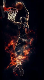 Fire-lit dunker streaking skyward in molten midnight flame.