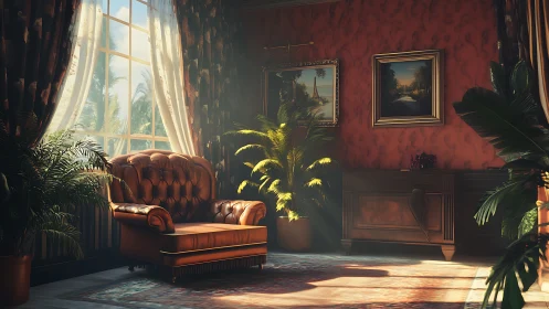 Sunlit vintage reading nook with a cozy leather armchair.