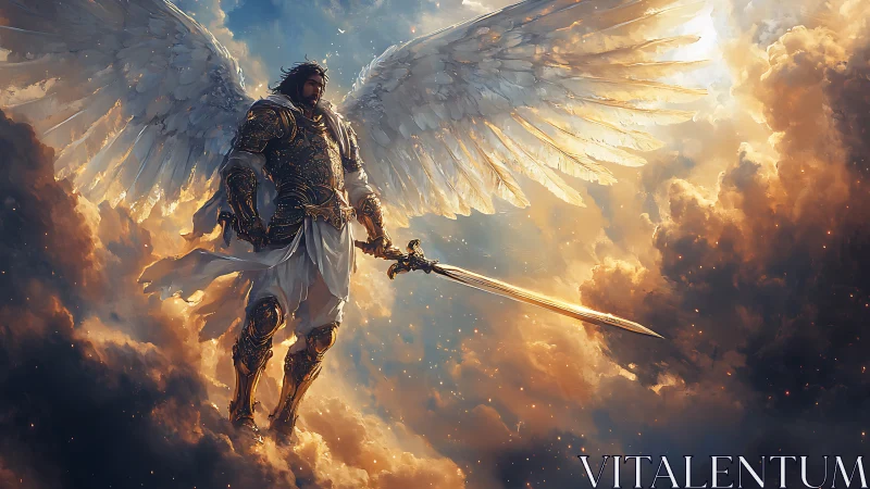 Armored seraphim descends through incandescent storm clouds