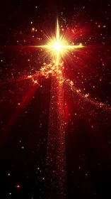 Vertical red light beam with central radiant starburst.