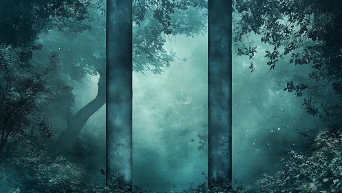 Misty forest gateway invites wanderers through quiet stone pillars