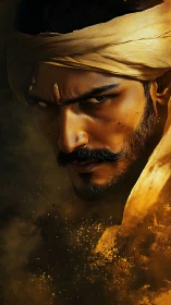 Warrior portrait burns through swirling golden dust storm.