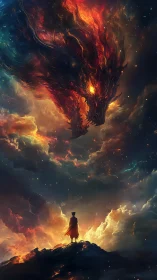 Fiery cosmic dragon meets lone hero in glowing storm sky