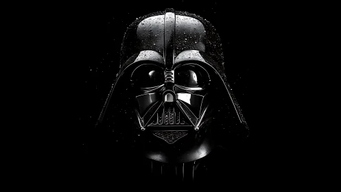 Dark sci fi helmet with wet reflective black armor front.