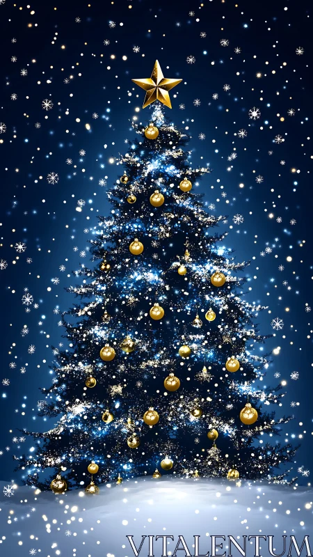 Starlit Christmas tree with golden ornaments in snowfall.