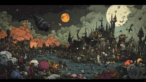 Midnight carnival of monsters swirling around haunted waters.