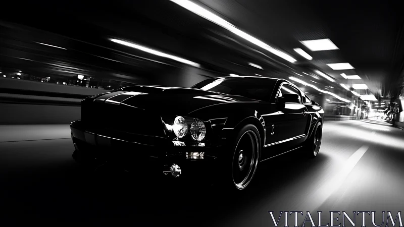 Sleek muscle car powers through a dramatic night tunnel
