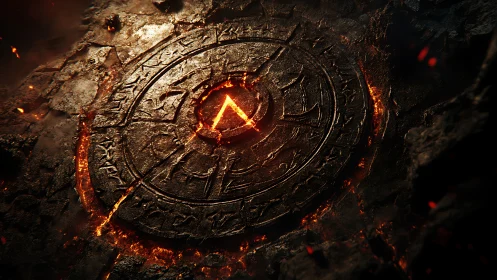 Molten runic sigil embedded in cracked obsidian disk.