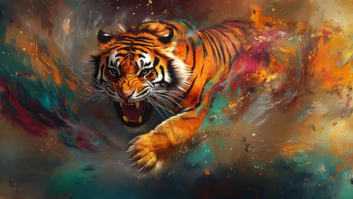 Roaring tiger bursts through swirling abstract color storm.