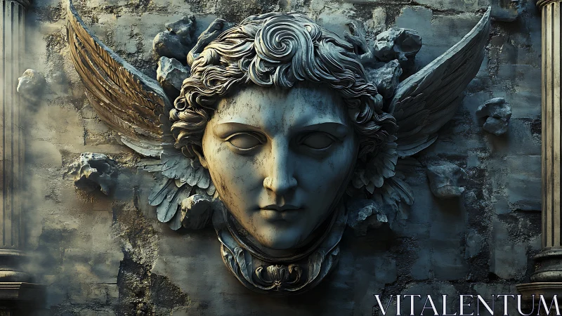 Stone winged face relief on aged architectural surface.