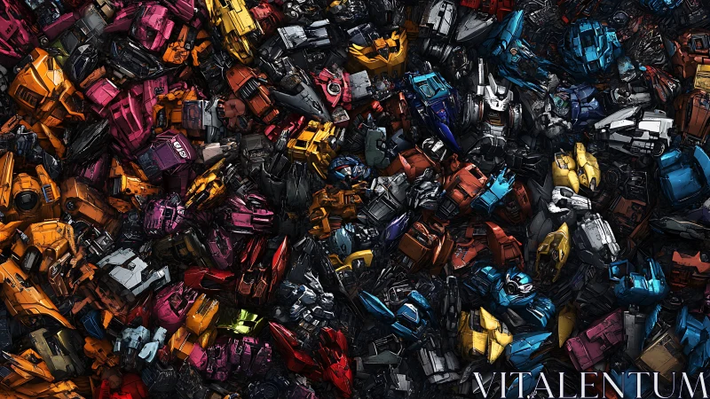 Dense cascade of shattered mechs in prismatic wreckage.