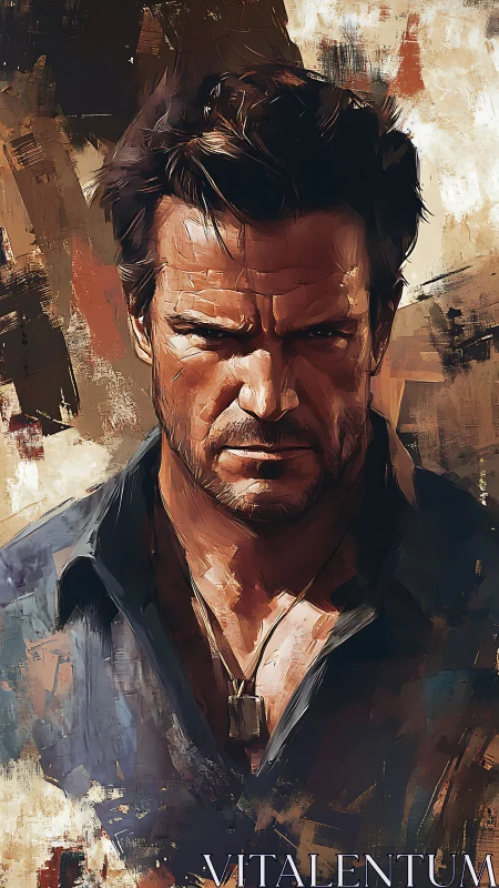 Brooding male portrait with rugged, intense expression.