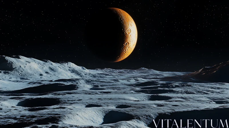 Crescent ember planet above a frozen cratered moonscape.