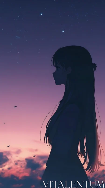 Silhouetted anime girl under twilight sky and stars.