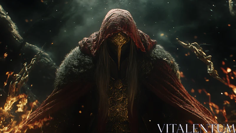 Hooded armored figure stands amid flames and drifting embers