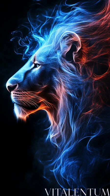 Neon fire lion profile with blue and red light trails.