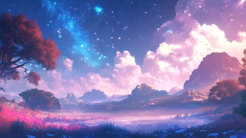 Starlit dream valley under cotton skies and neon meadows.