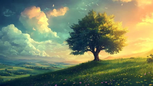 Solitary deciduous tree on sunlit meadow under clouds.