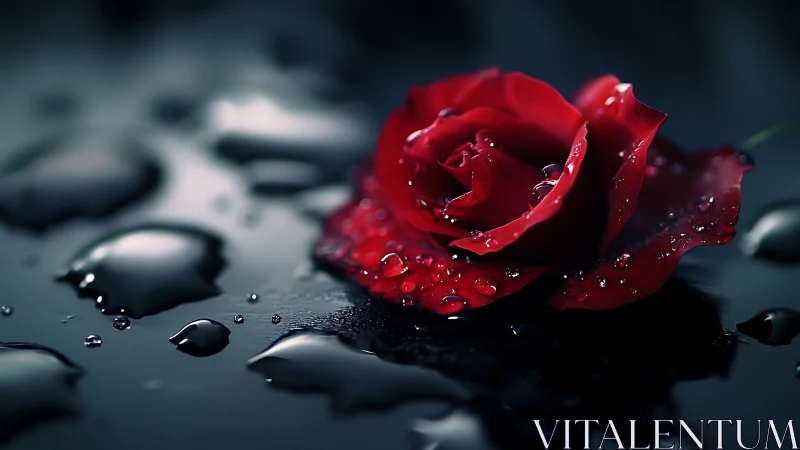 Red rose macro on wet black surface with water droplets.