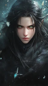 Dark elf warrior with emerald eyes confronts viewer