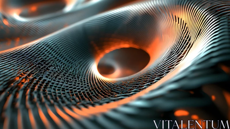 Abstract metallic vortex with glowing orange highlights in 3D style.