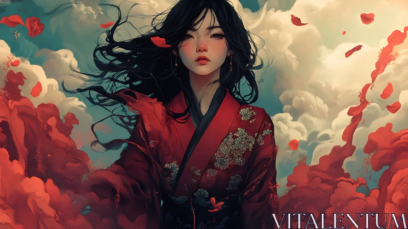 Wind-swept kimono figure amid swirling crimson petals.