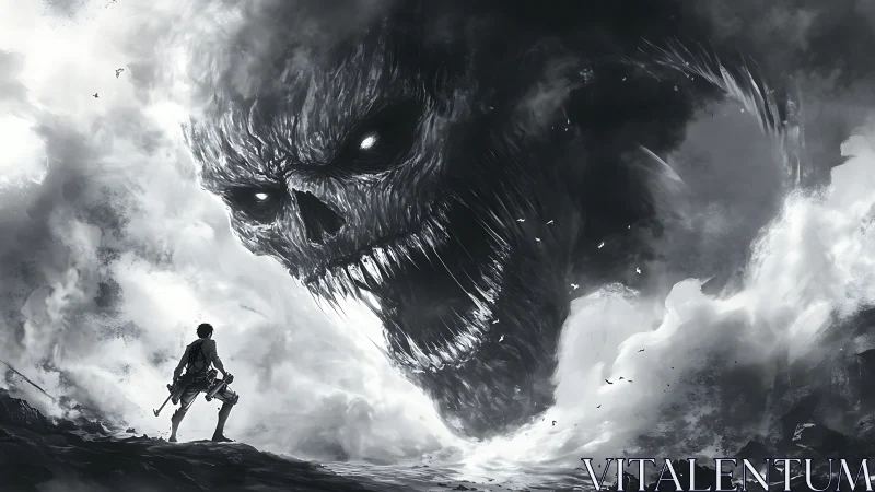 Colossal cloud-skull entity engulfs lone warrior in high-contrast storm