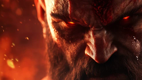 Demonic warrior&rsquo;s burning gaze cuts through molten shadows