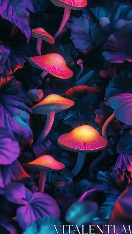 Bioluminescent-style mushrooms in dense foliage at night.